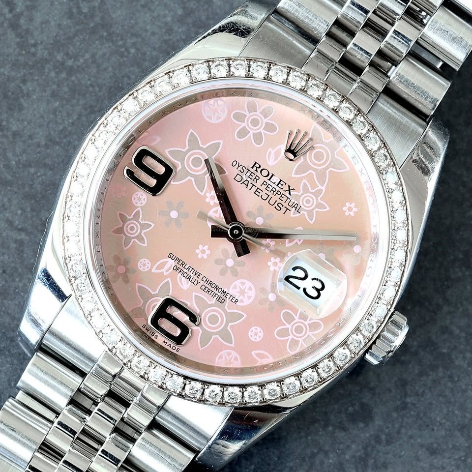 Rolex Datejust 36 Stainless Steel Factory Diamond Bezel & Pink Floral Dial on Jubilee Bracelet