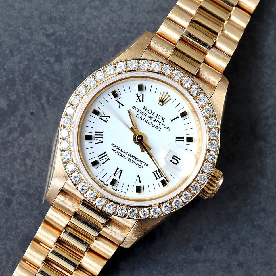Rolex 26MM Lady President 18K Yellow Gold Case and Bracelet Custom Diamond Bezel Watch