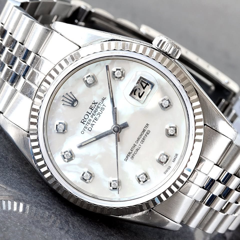 Rolex Datejust 36 Custom White Mother of Pearl Diamond Dial 18K Fluted Bezel Jubilee Bracelet Watch