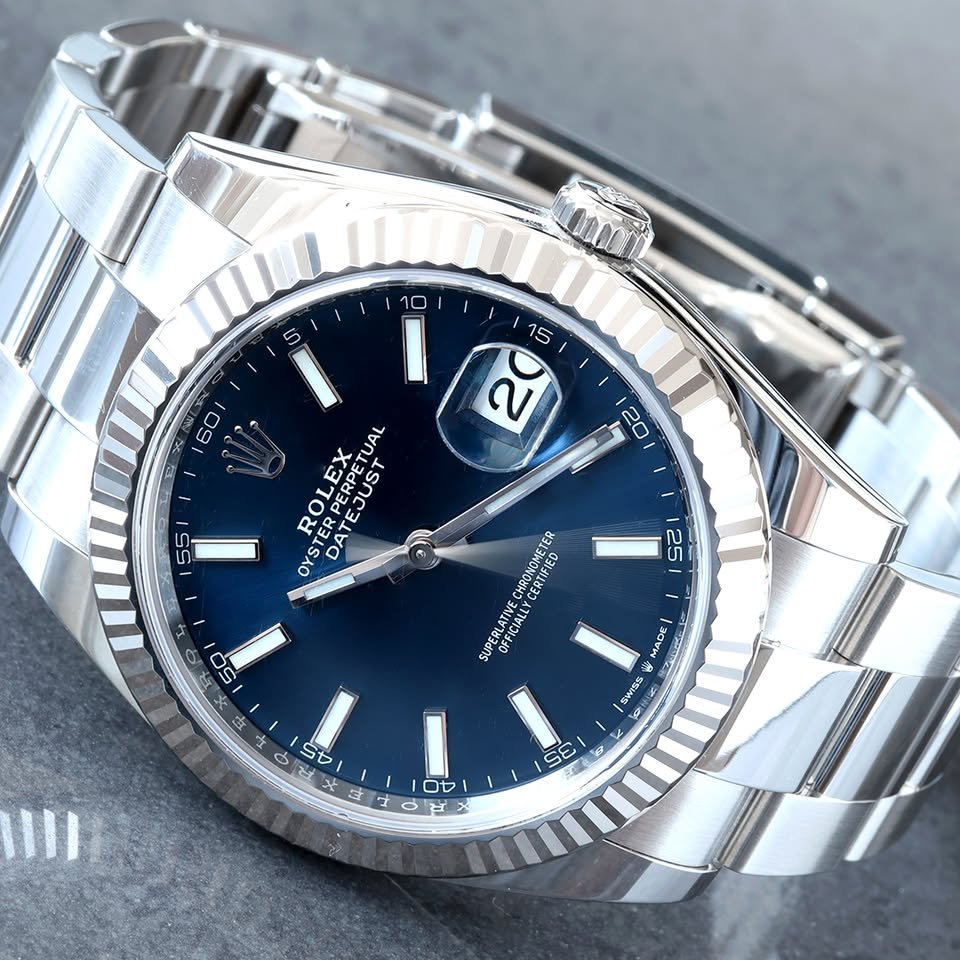 Rolex Datejust 41 Blue Stick Dial 18K White Gold Fluted Bezel Oyster Steel Bracelet Watch