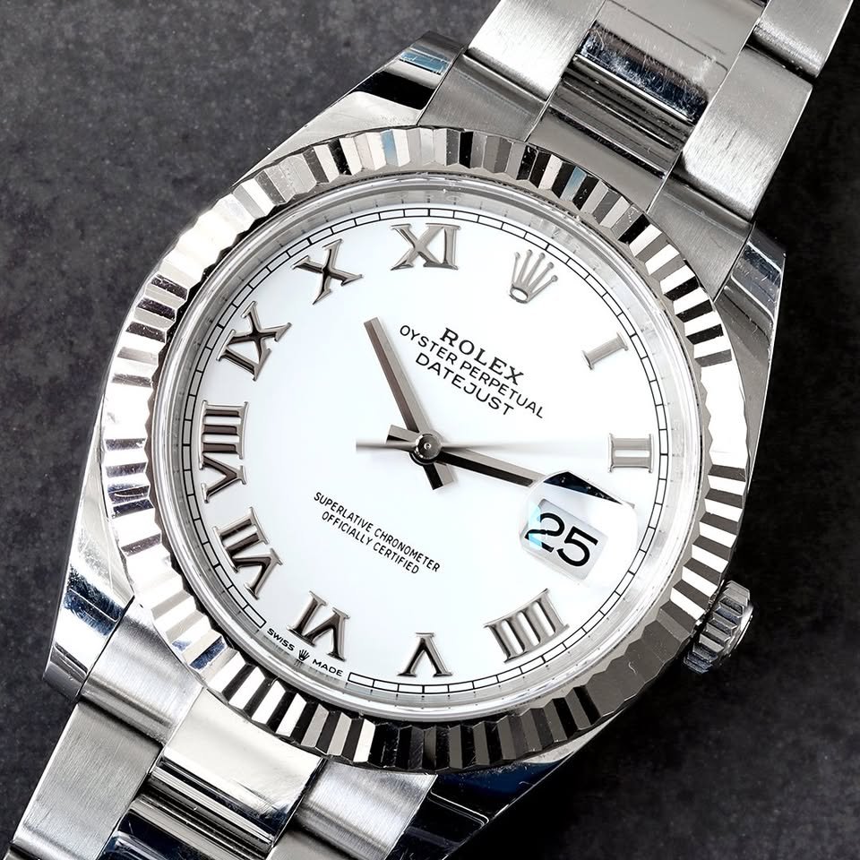 Rolex Datejust 41 White Roman Dial 18K Fluted Bezel Steel Oyster Bracelet Watch
