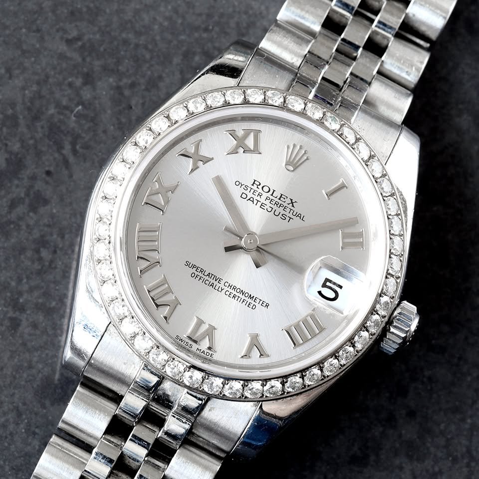 Rolex Datejust 31 Silver Roman Dial Custom Diamond Bezel Steel Jubilee Hidden Clasp Bracelet Watch