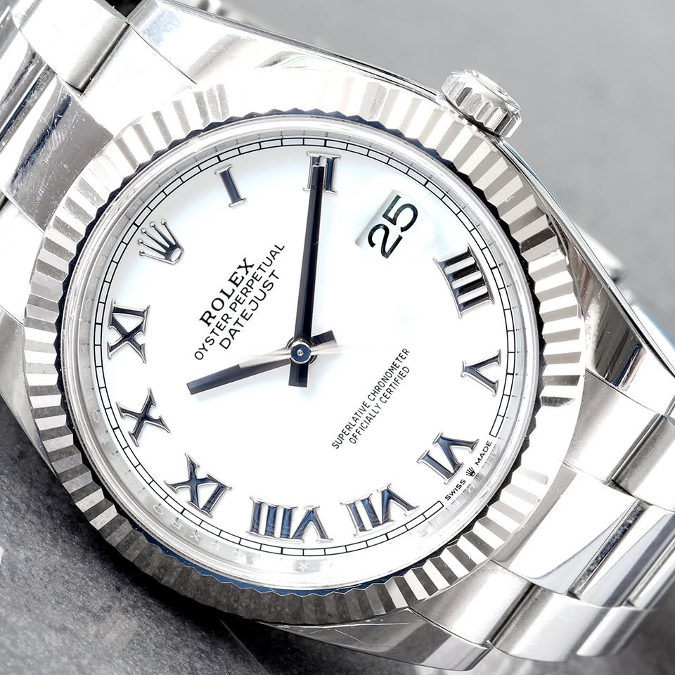 Rolex Datejust 41 White Roman Dial 18K Fluted Bezel Steel Oyster Bracelet Watch