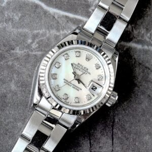 Rolex Datejust 26 Custom White MOP Diamond Dial 18K Fluted Bezel Oyster Bracelet Watch