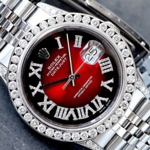 Rolex Datejust 36 Custom Red Ombre Roman Diamond Dial 3 Carat Bezel & Lugs Steel Jubilee Bracelet