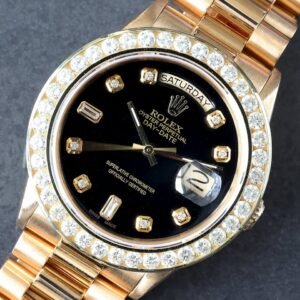 Rolex Day-Date 36 Custom Black Round Emerald Cut Dial & Diamond Bezel 18K Gold Watch