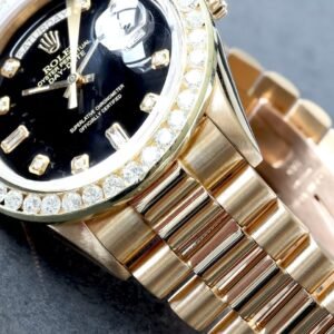 Rolex Day-Date 36 Custom Black Round Emerald Cut Dial & Diamond Bezel 18K Gold Watch